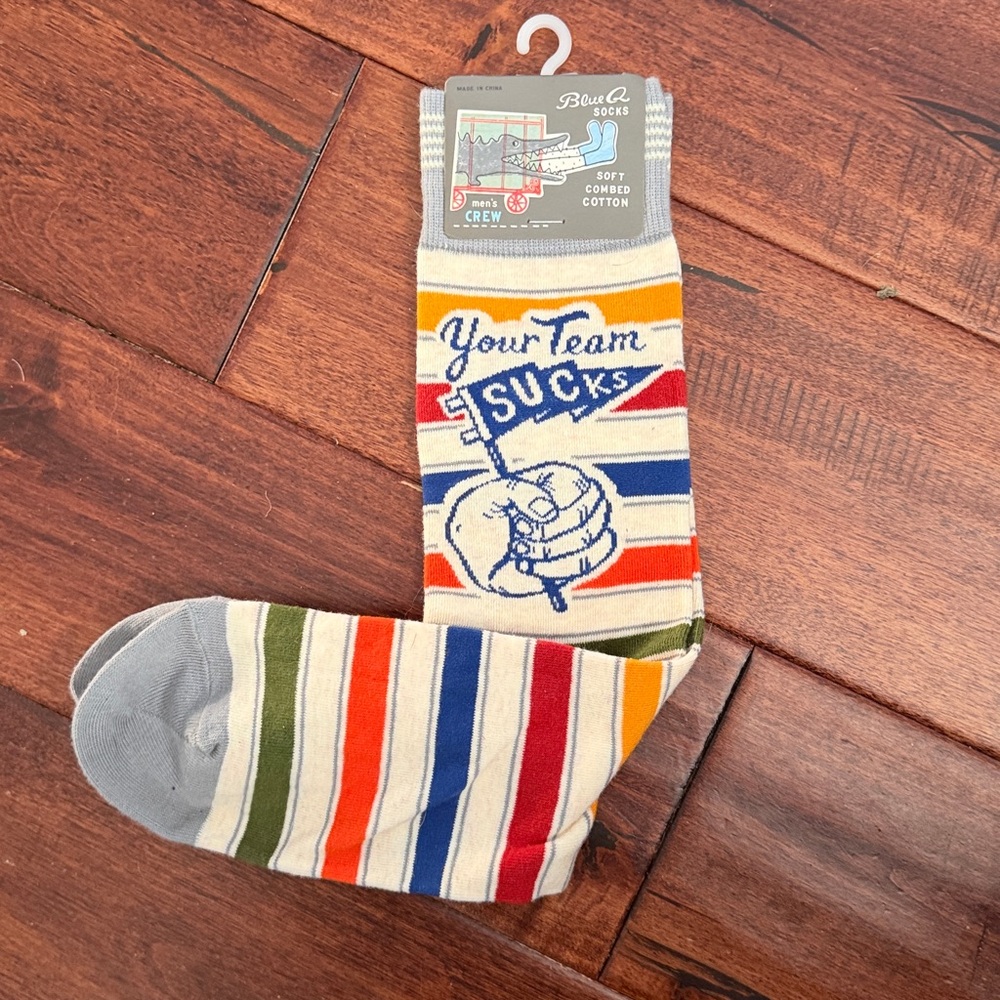 NWT Blue Q Socks Striped Crew Socks "Your Team Sucks"